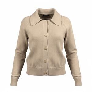 Tahari 100% Cotton Cardigan Tan Large Collar Women's Grandmacore Cozy Sweater- M